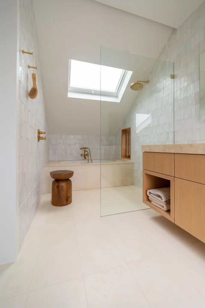 Open Space Bathroom Remodel With Glass Divider & Scandinavian Tile