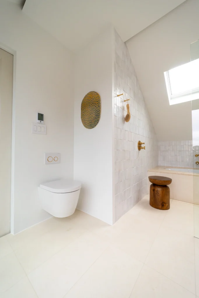 Bathroom Remodel With Modern White Toilet & Unique Bathroom Stool