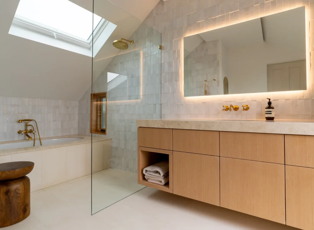 Modern Bathroom Remodel with aztec tile and a large backlight mirror with a sleek slab wooden vanity