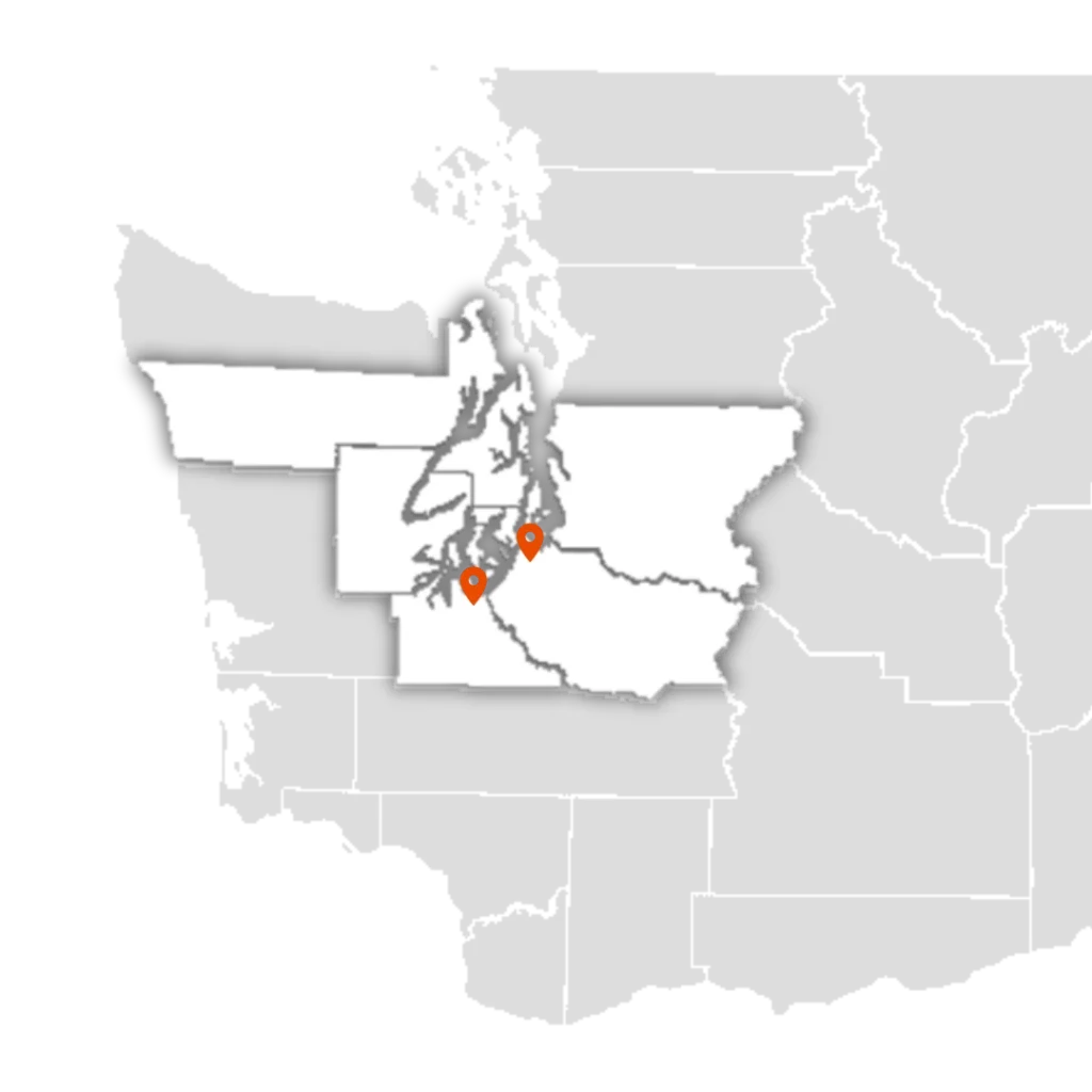 FDC Construction's Service Area Image highlighting the counties King County, Pierce County, Thurston County, Mason County, Kitsap County, & Jefferson County as serviceable for FDC. The map also highlights the two locations for FDC Construction, one being in Tukwila and one being in Tacoma.