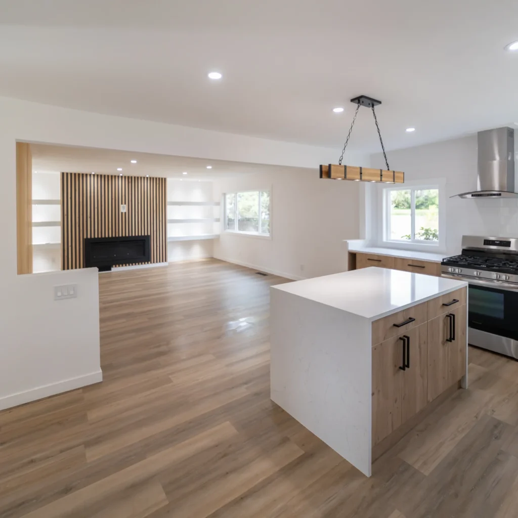 Home Remodel With Wooden Flooring, New Island With Waterfall Countertops & brown Wood Cabinets