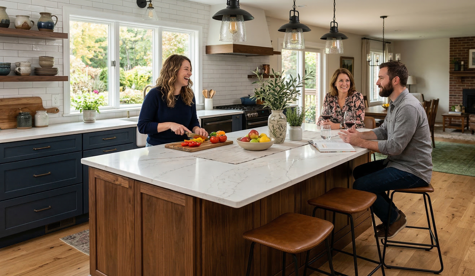 Brown kitchen Island with 3 people around it