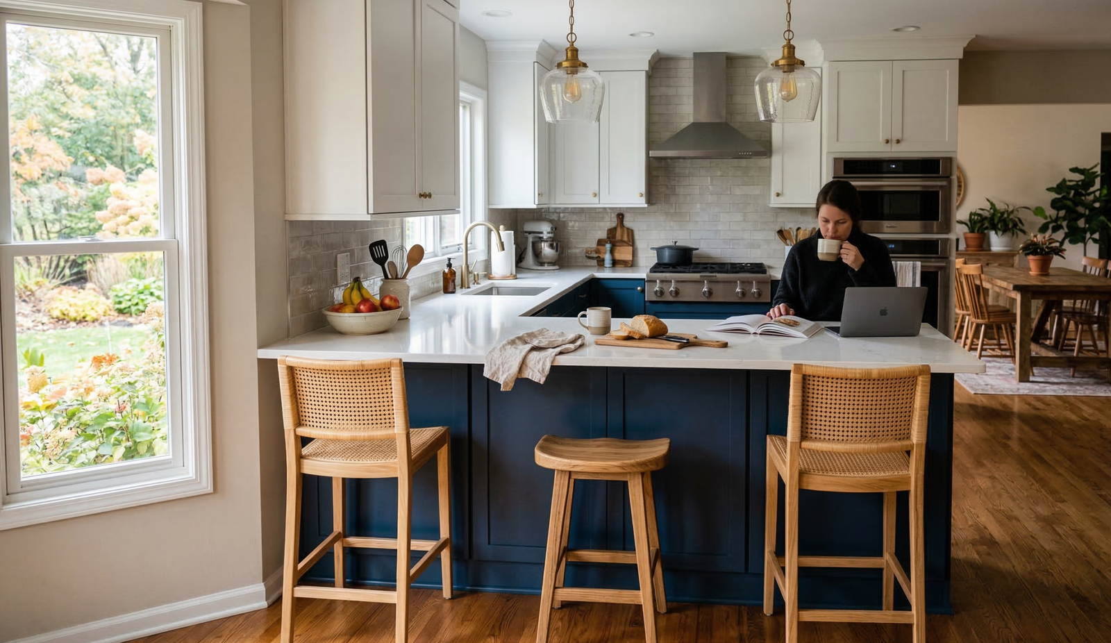 Blue Kitchen Peninsula with woman standing behind computer drinking coffee